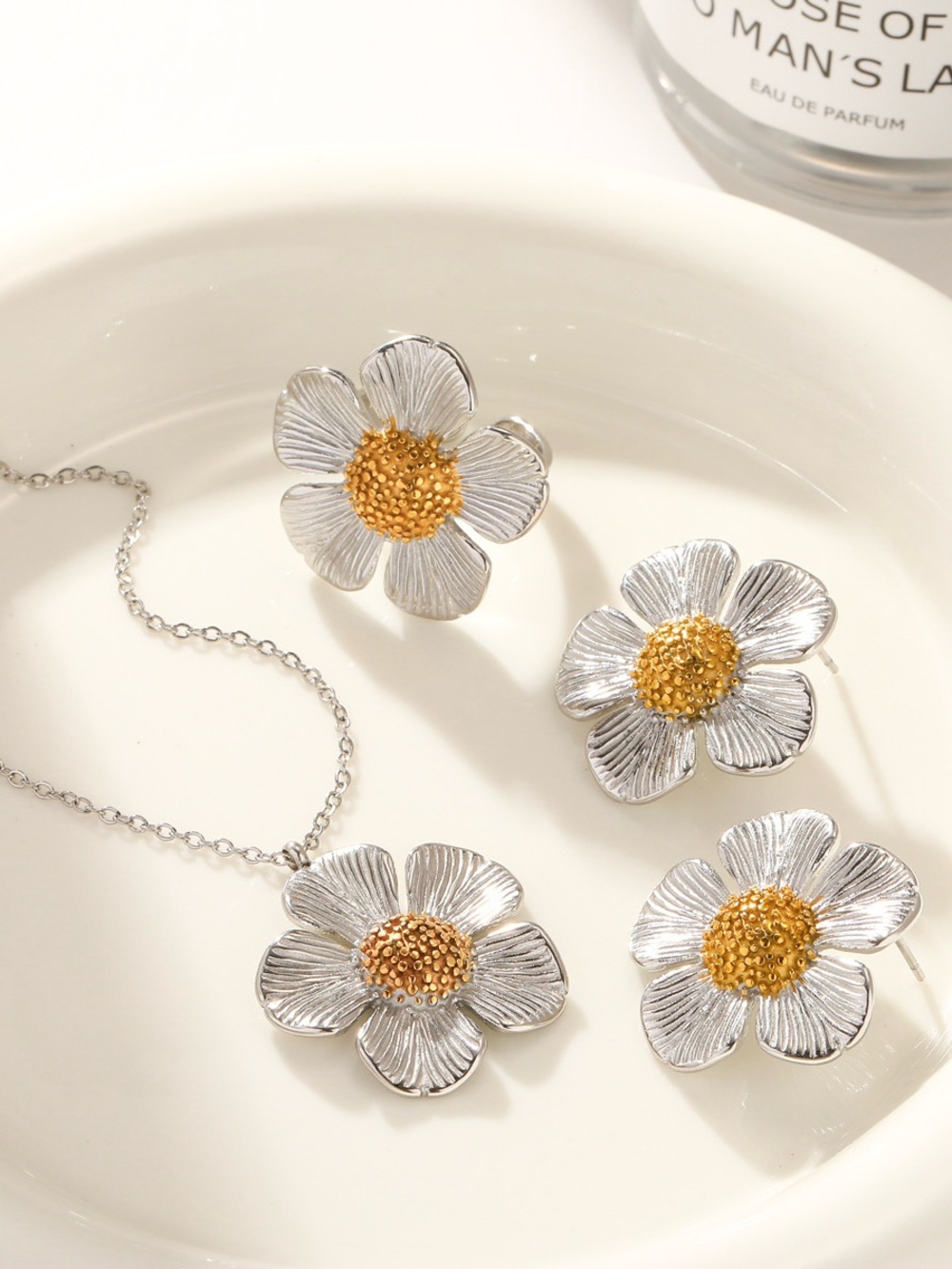 Stainless Steel Floral Necklace & Earring Set - Silver with Gold Centers